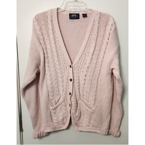 Vtg British‎ Khaki Pink Linen Cotton Cable Knit Button Cardigan V-Neck Large